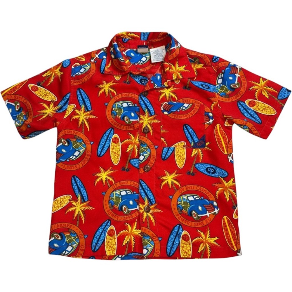 Ocean Pacific Kids Red Surf Champs Woody Car Surfboard Button Down Shirt Size 5
